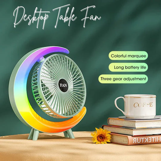 Multifunctional Colorful Desktop Small Fan, Portable Floor Mounted Fan With Light, USB Charging Personal Fan, Air Circulation Fan, 5-light, Large Capacity Battery