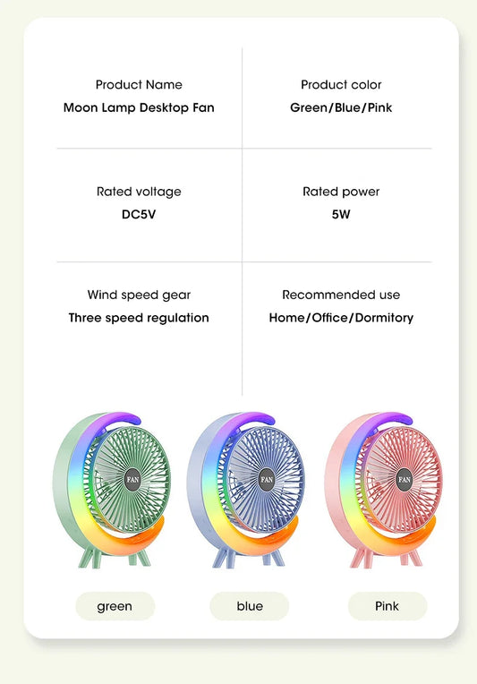 Multifunctional Colorful Desktop Small Fan, Portable Floor Mounted Fan With Light, USB Charging Personal Fan, Air Circulation Fan, 5-light, Large Capacity Battery